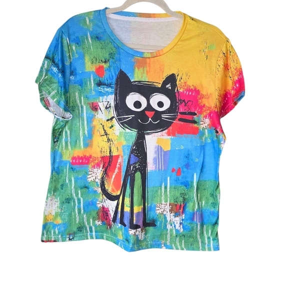 Tops - Vibrant Multi-Color Abstract Paint Splash Cat Graphic Tee - Women's XL Bold Fun